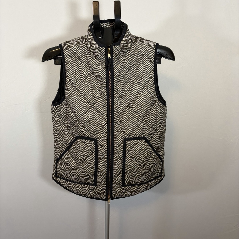 J Crew Womens Small Black Vest Herringbone Quilt Puffer Full Zip Outdoor Casual
